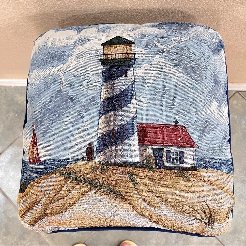 Lighthouse Sailboat Tapestry Throw Pillow Seagulls Nautical Square 15” 2 sided - Picture 3 of 5